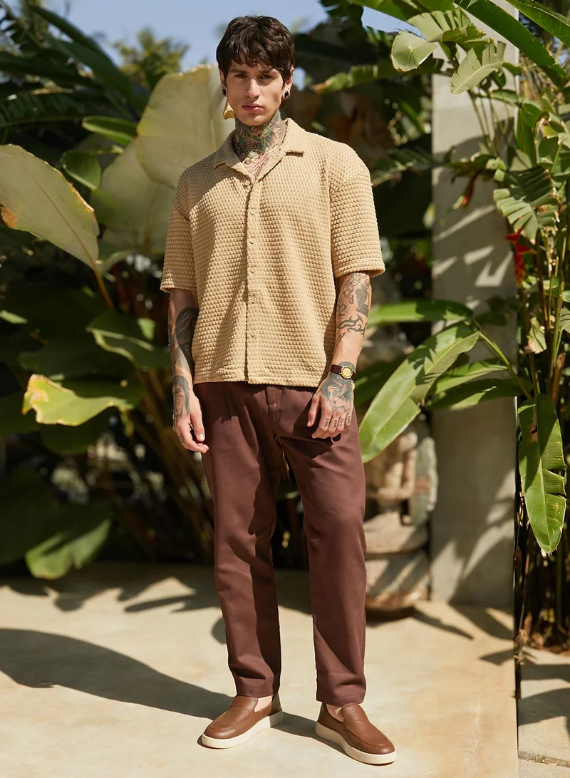 CAHOOT  Men's Buff Beige Oval-Tactile Knit Oversized Shirt For Casual Wear | Cuban Collar | Short Regular Sleeves | Button Closure | Oversized Shirt Crafted With Comfort Fit For Everyday Wear for Men | Best Price UAE